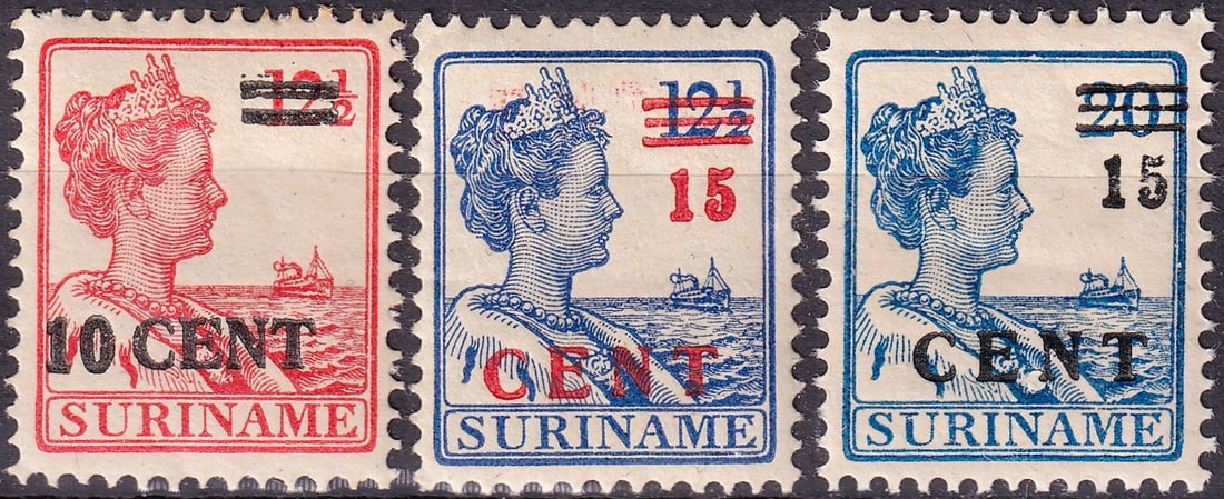 1925 Surinam Scott 117-119 Surcharged Queen Wilhelmina MNH Set (1 of 2)