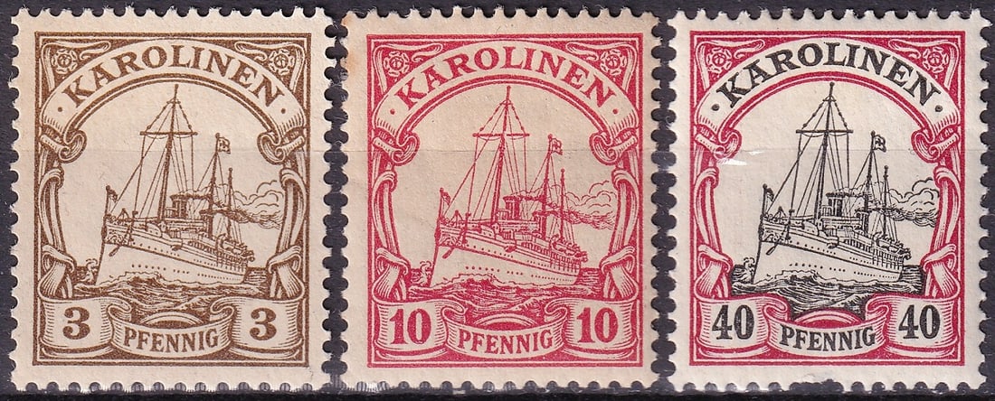 1900 Caroline Islands Yacht Set 3pf 10pf 40pf Scott DR-KAR 7 9 13 MNH: A desirable trio from the iconic German Colonial Yacht series issued for the Caroline Islands in December 1900, representing the early imperial presence of Germany in the Pacific. This set includes th