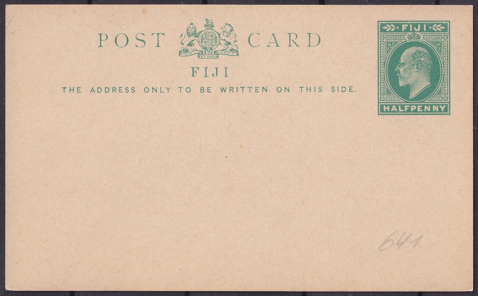 1902 Fiji Edward VII postal stationery halfpenny card: This original postal stationery card from the Crown Colony of Fiji was issued during the reign of King Edward VII and bears the impressed halfpenny indicium printed in a strong green shade, showing th