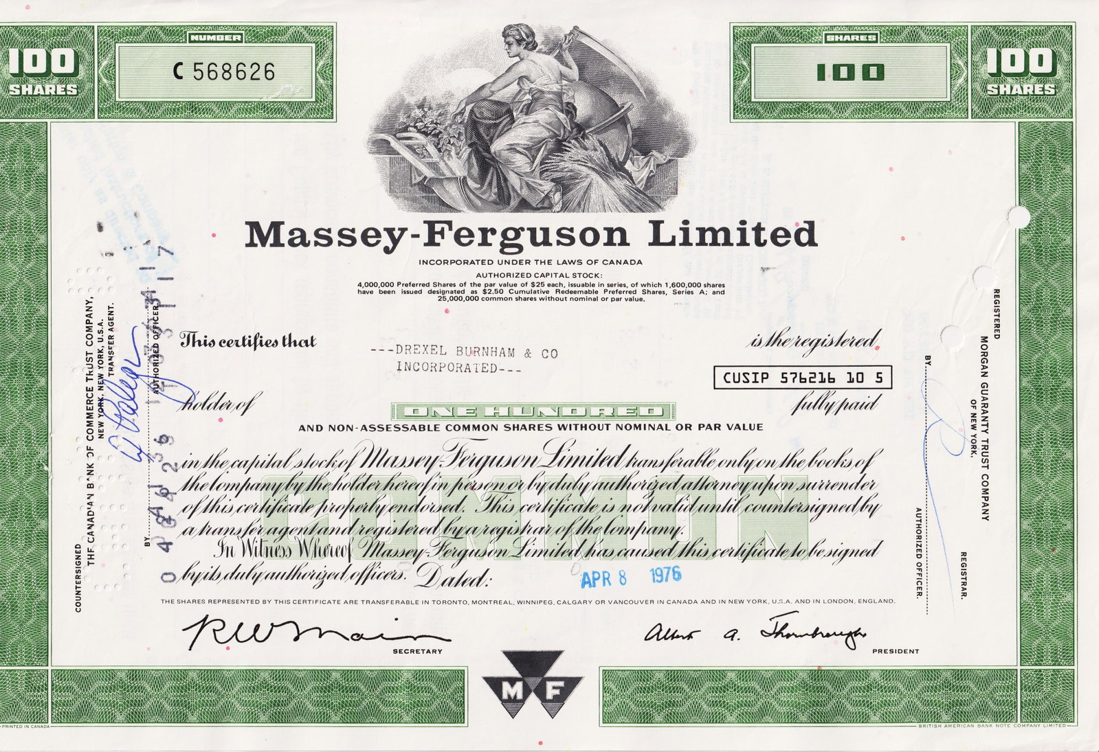 1970-1976 Massey-Ferguson Stock Certificates, Set of Three, Canada: This set of three historic stock certificates issued by Massey-Ferguson Limited between 1970 and 1976 reflects the corporate and financial legacy of one of Canada?s most important industrial manufactu