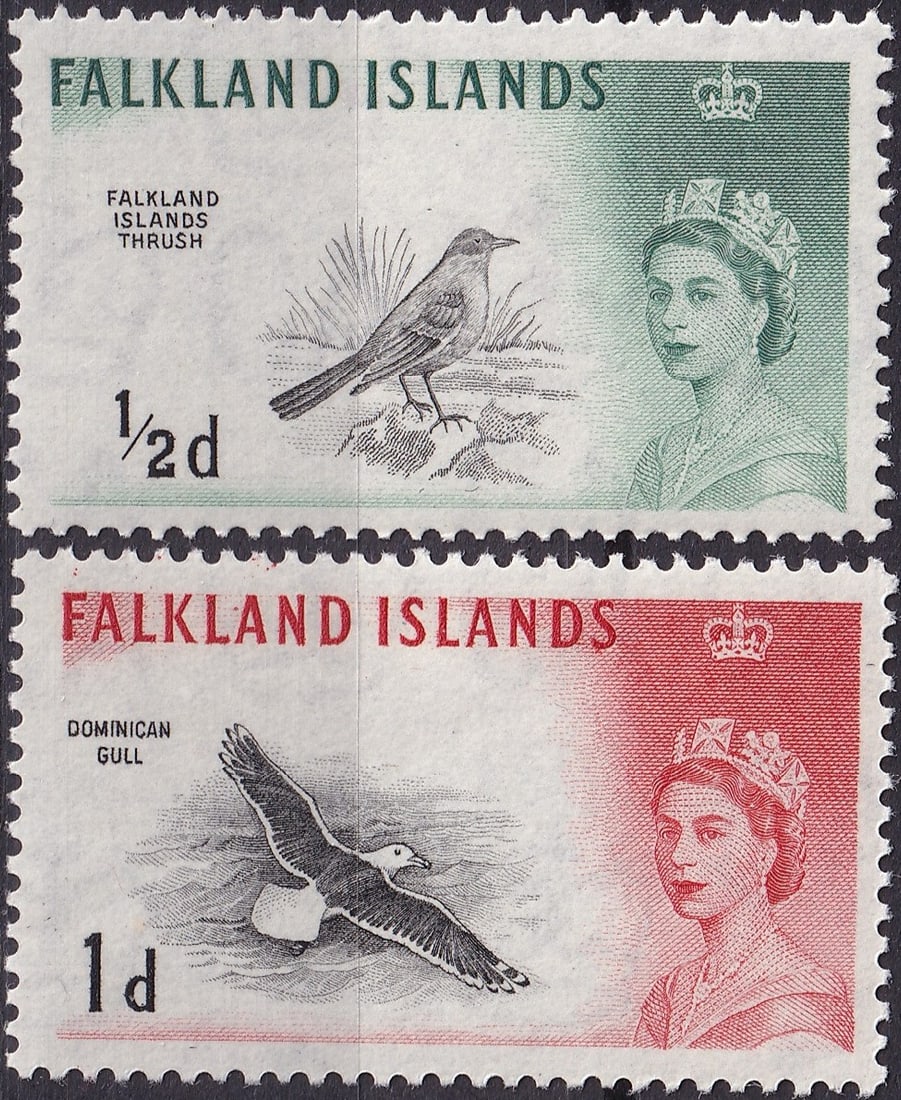 1960 Falkland Islands Birds SG227 SG194 Engraved Definitives: This attractive pair of engraved definitive stamps from the Falkland Islands presents two finely executed designs issued during the early Elizabethan period, reflecting the artistic and technical refi