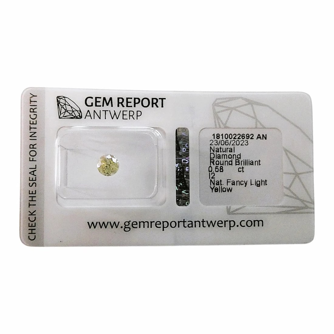 0.58 ct Fancy Light Yellow Diamond, GRA Certified, Round Brilliant: This natural diamond is certified by Gem Report Antwerp under report number 1810022693 AN and presents as a 0.58 carat round brilliant cut stone. It exhibits a Fancy Light Yellow color?a rare and desi