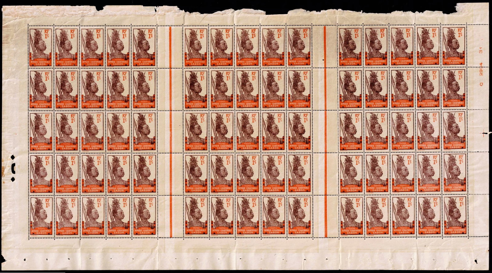 French Gabon 1924 Overprint Scott GA85 1c Afrique Equatoriale MNH Sheet: A complete mint never hinged sheet of the 1924 Gabon overprint issue, Scott GA85, corresponding to Michel GA 88, Yvert et Tellier GA 88 and Stanley Gibbons GA 88. This 1 centime value in grey brown an