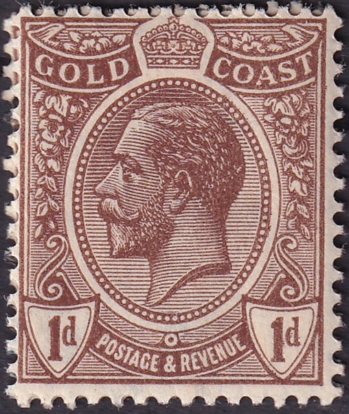 1922 Gold Coast King George V 1d Brown Scott GB-GC 84: This lot presents a classic definitive postage stamp of the British colonial period, issued in 1922 for the Gold Coast, today’s Ghana, depicting King George V in left-facing profile. Printed by De L