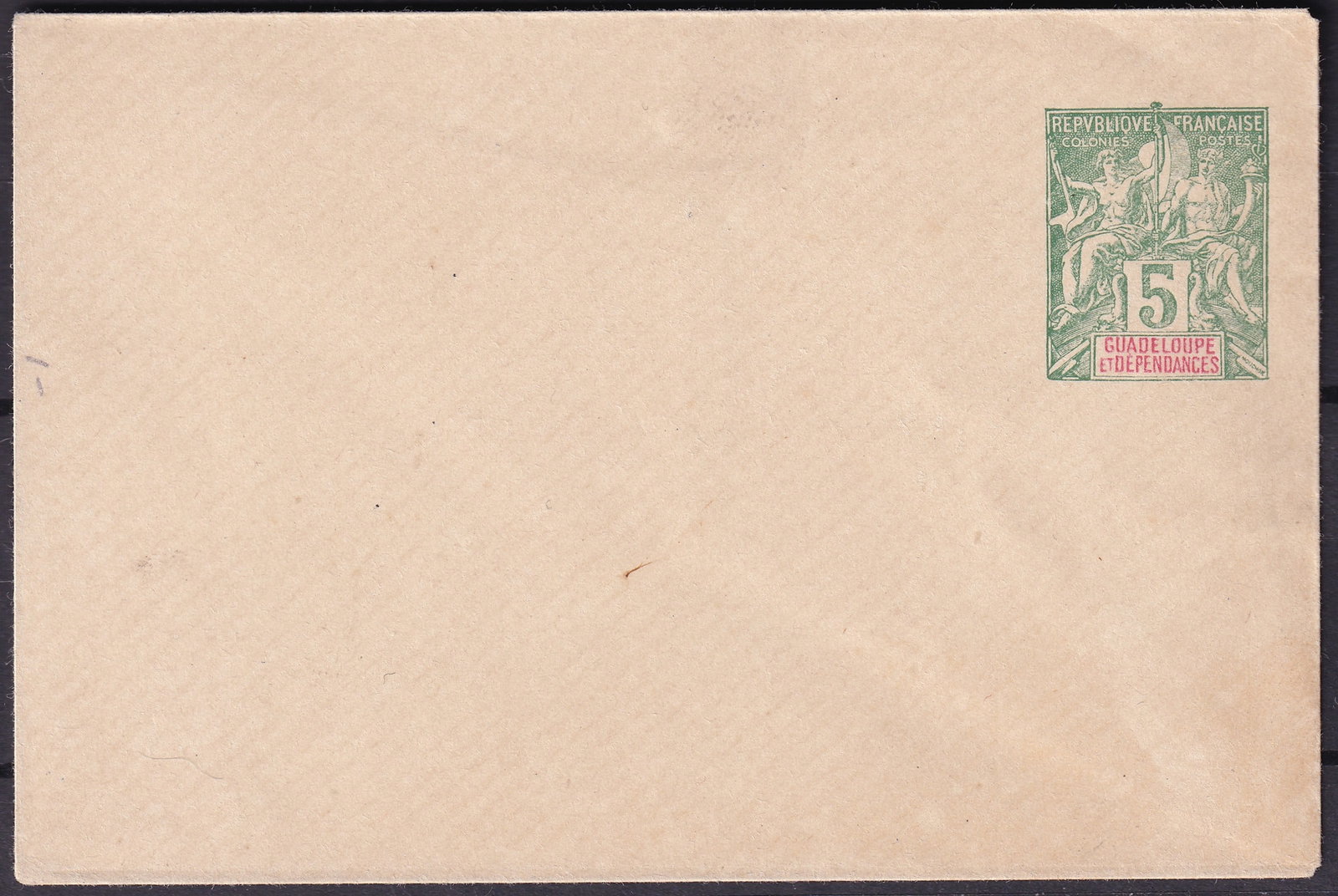 French Guadeloupe 5c Allegory Colonial Postal Envelope Mint Unused: This original postal stationery envelope was issued for Guadeloupe and its Dependencies under French colonial administration and bears the classic allegorical design inscribed “Republique Francaise 