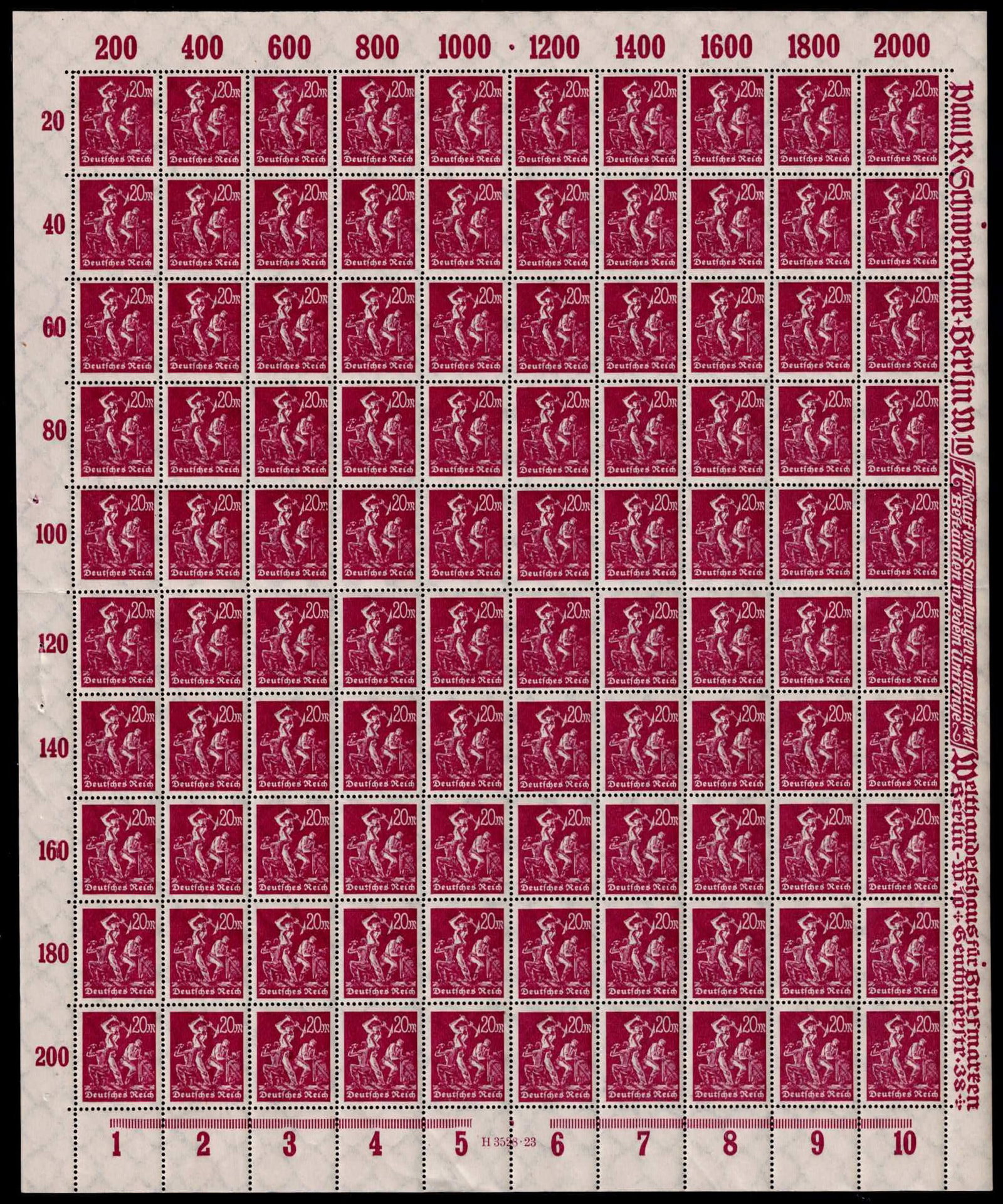 Post War German Reich 1923 Inflation Worker 20 Mark Michel DR 241Y MNH Sheet: This complete mint never hinged sheet of the 20 Mark denomination was issued in April 1923 by the German Reich during the height of the Weimar inflation period and is catalogued as Michel DR 241Y, wit