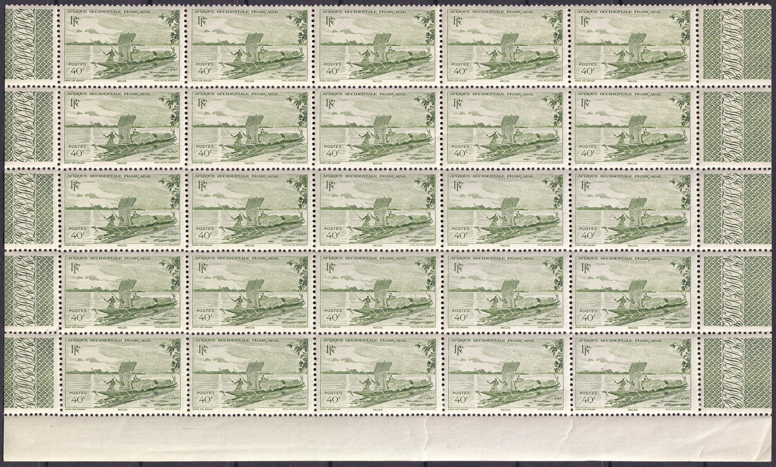 French West Africa 1947 Scott 38 40c Niger Canoe Full Sheet MNH: French West Africa 1947 definitive issue 40 centimes green stamp Scott 38 corresponding to Michel FR WA 36 Yvert 26 and Stanley Gibbons 36 issued 24 March 1947 printed by Institut de Gravure et d Impr