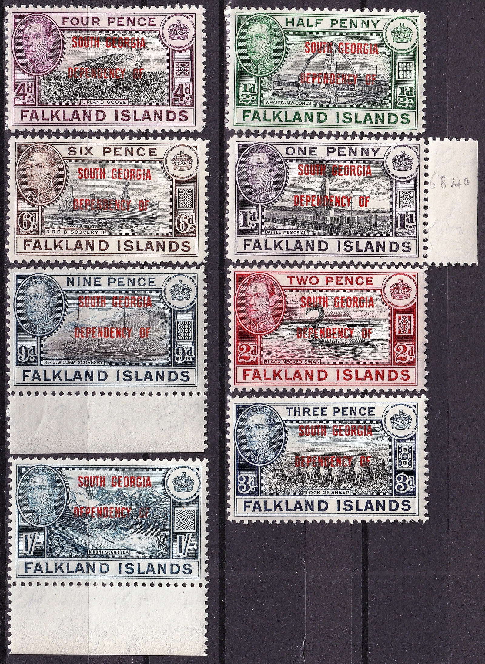 1944 Falkland Islands Dependencies South Georgia Scott 1L25-1L32: A complete and historically important set of the 1944 Falkland Islands Dependencies South Georgia overprints, Scott 1L25 through 1L32, issued during the British wartime Antarctic operations known as O