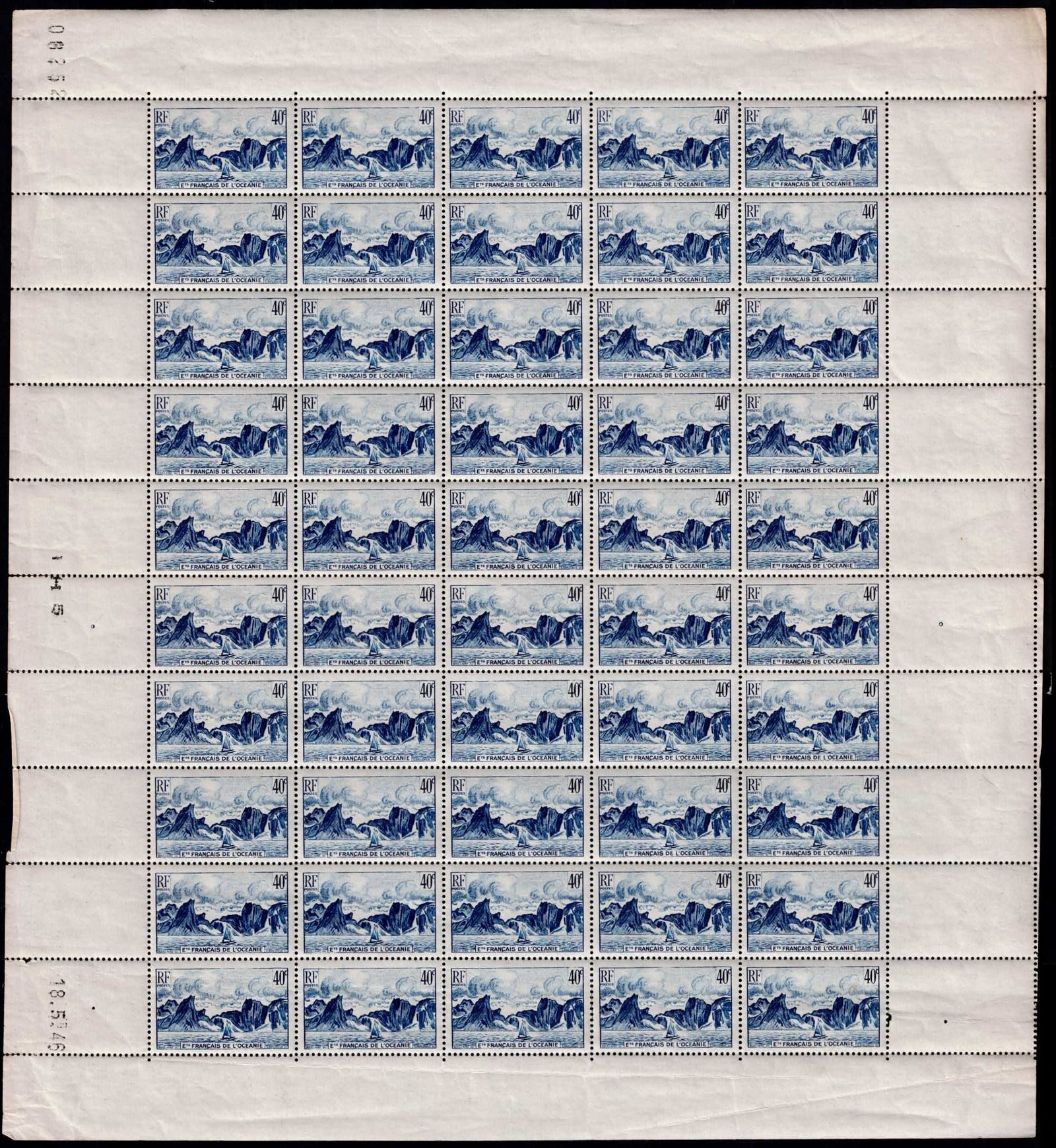 French Oceania 1948 Scott FR-OC162 40c CFP Blue MNH Sheet: A complete mint never hinged sheet of the 1948 definitive issue of French Oceania, Scott FR-OC162, corresponding to Michel FR-OC 215, Yvert et Tellier FR-OC 184 and Stanley Gibbons FR-OC 188. Issued 1