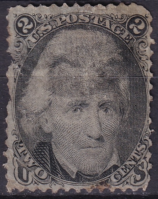 1863 Andrew Jackson 2c, black, Used Example, National Bank Note Co., Scott 73: This 2-cent black stamp portraying Andrew Jackson, the seventh President of the United States, was issued on July 1, 1863 by the National Bank Note Company as part of the definitive Civil War-era seri