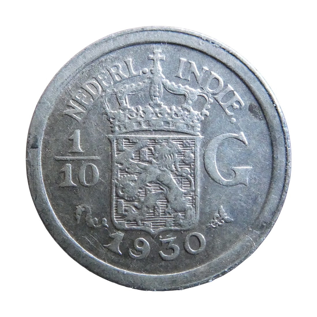 Netherlands East Indies 1930 1/10 Gulden Silver Coin: Issued under Dutch colonial rule in the Netherlands East Indies, this 1/10 Gulden coin from 1930 represents the smallest silver denomination in circulation during the early 20th century. Struck at the