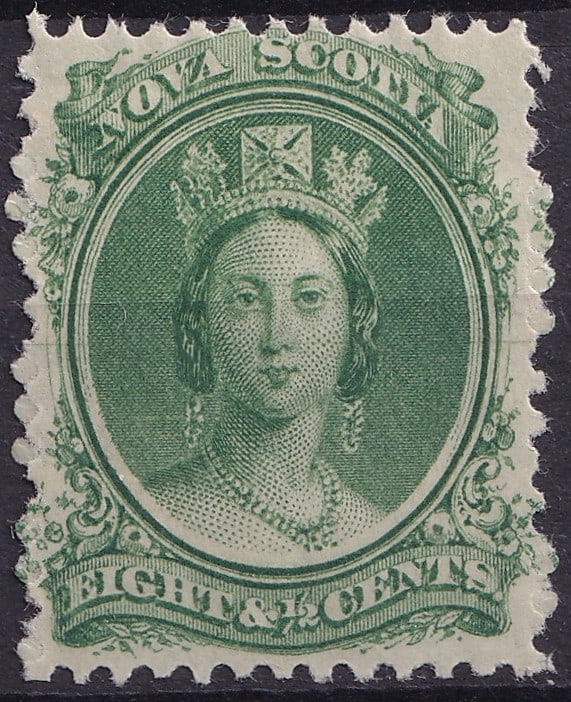 1860 Nova Scotia 8 frac 12; Cents Yellow Green Queen Victoria Engraved Issue Scott CA-NS 11i MH: Issued in 1860 by the colony of Nova Scotia, this 8½ cent postage stamp features a finely engraved portrait of Queen Victoria, wearing a crown and pearls, rendered in a stately and symmetrical 