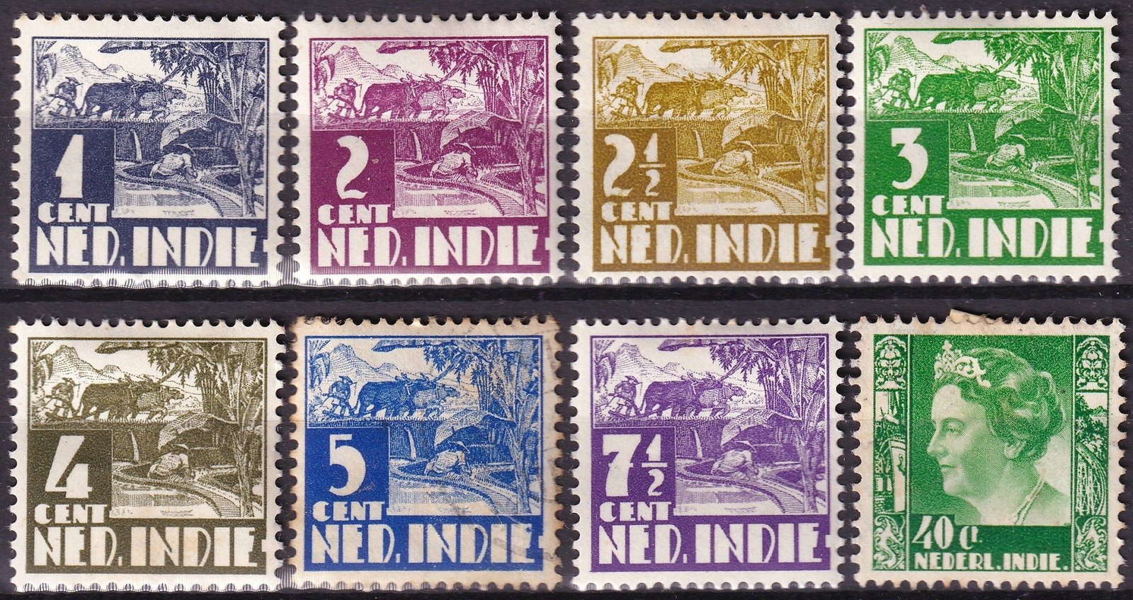 1934 1940 Netherlands Indies Set Scott 171 200 216 MH VF: An active and well-balanced group of definitive issues from the Netherlands Indies, spanning the late colonial period between 1934 and 1940, and representing both the iconic “Water Buffalo ploughing