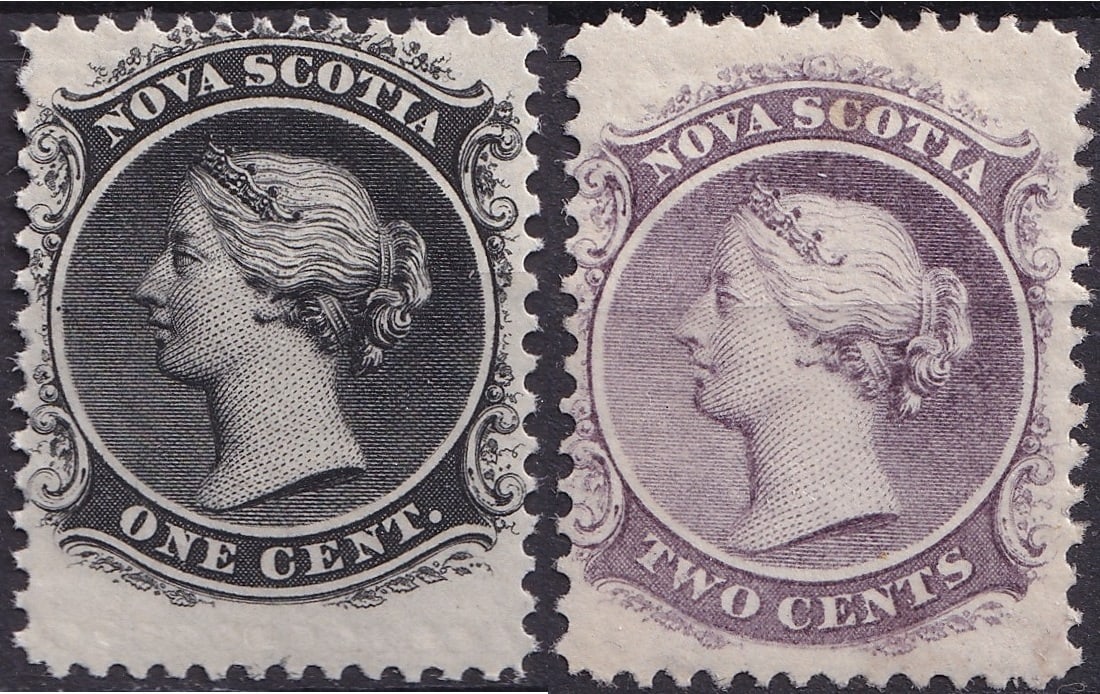 Nova Scotia 1860–1863 Queen Victoria 1¢ Black & 2¢ Lilac (MH) Scott CA-NS 8-9a: Offered here is a pair of classic engraved issues from Nova Scotia, comprising the 1 cent black of 1860 (Michel CA-NS 5ay, Scott CA-NS 8a, Yvert 5B, SG 18) and the 2 cents lilac of 1863 (Michel CA-NS 
