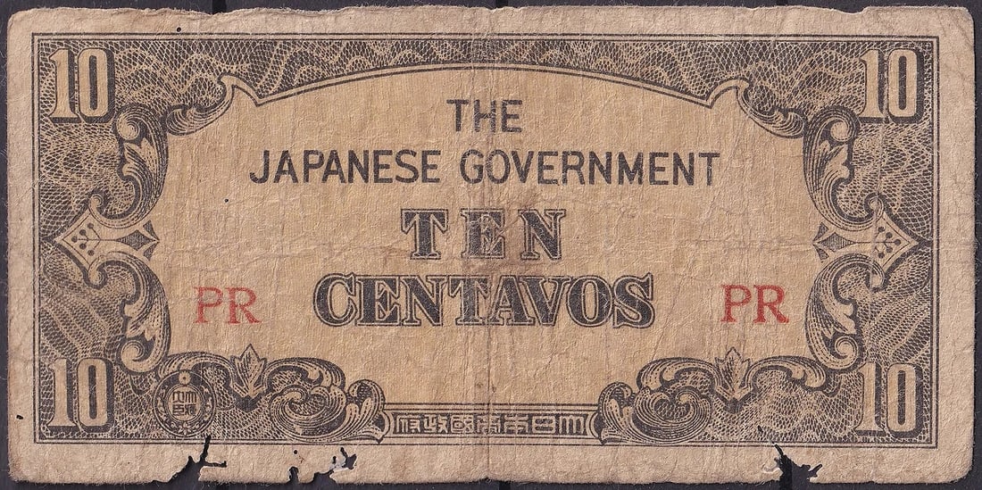 Japanese Government 10 Centavos Occupation Note Philippines WWII: Issued during the Japanese occupation of the Philippines in World War II, this 10 Centavos banknote formed part of the emergency currency circulated under the authority of the Japanese Government betw