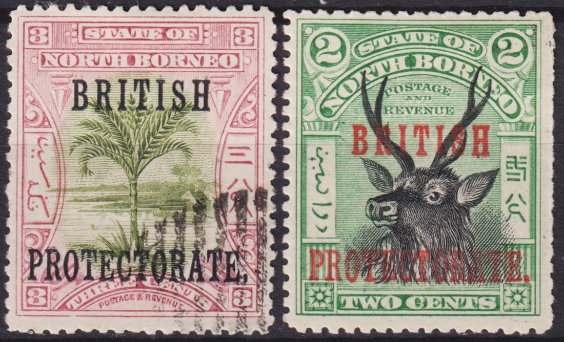 North Borneo 1901 Pictorial Definitives "British Protectorate" SG 128a, SG 129: A fine pair of early 20th-century pictorial definitives from British North Borneo, both issued on October 8, 1901, and overprinted "British Protectorate" during the transition to crown colony administ