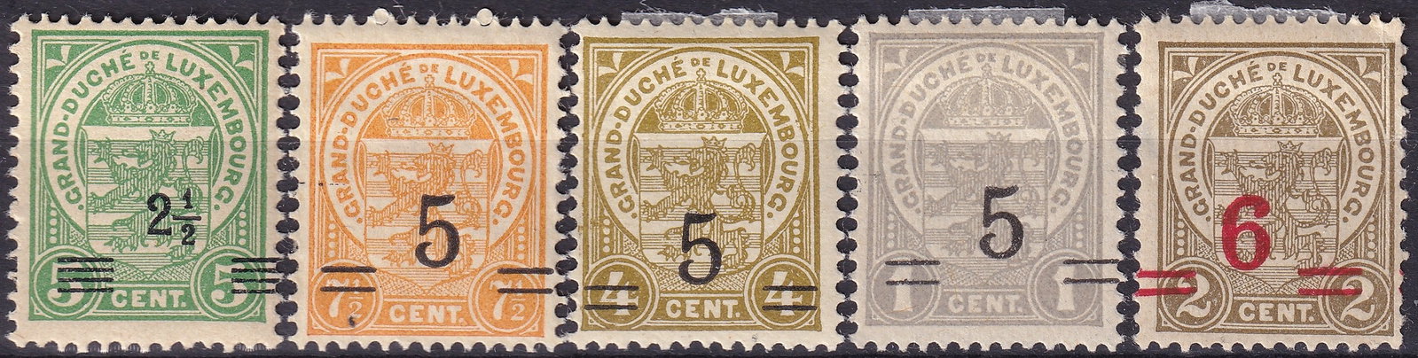 Luxembourg 1918–1924 Coat of Arms Overprints Scott #112–117: This remarkable group of five surcharged definitive stamps from Luxembourg, issued between 1918 and 1924, displays the heraldic arms of the Grand Duchy surmounted by the royal crown. The series was ov
