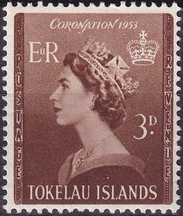 1953 Tokelau Islands 3d Brown “Coronation of Queen Elizabeth II?? (Scott 4): Issued on May 25, 1953, this commemorative 3d brown stamp from the Tokelau Islands celebrates the Coronation of Queen Elizabeth II, marking the beginning of a new Elizabethan era within the British Co