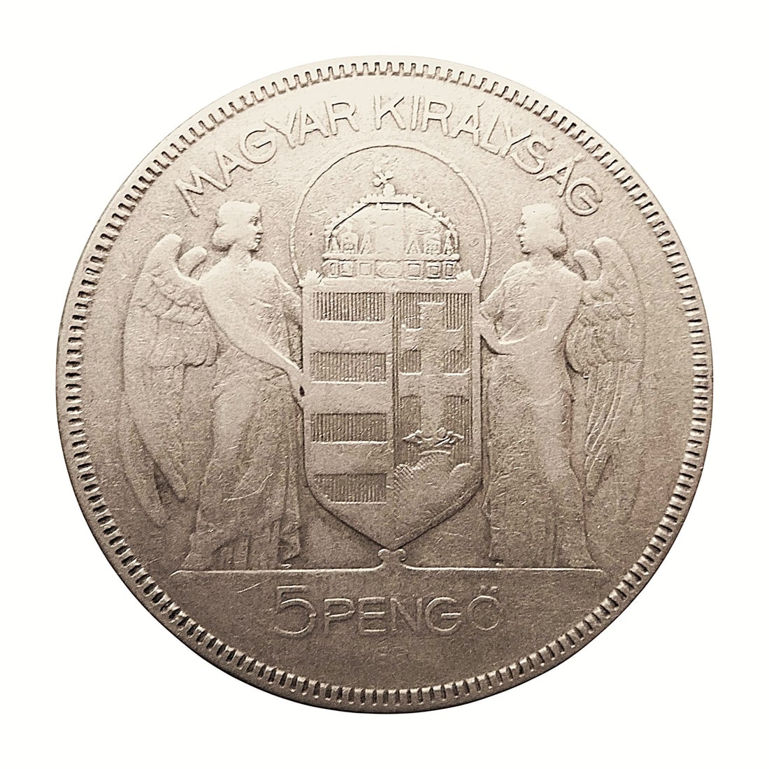 1930 Hungary 5 Pengo, Silver, Miklos Horthy Jubilee, KM#512.1: This 5 Pengo coin from Hungary, struck in 1930, commemorates the 10th anniversary of Admiral Mikl?s Horthy's regency over the Hungarian Kingdom. Issued as a circulating commemorative, the coin bears t