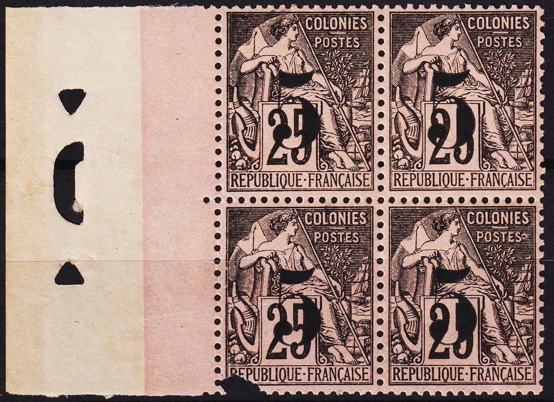 1886 French PO China Alphe Dubois block, black OVP 5c, Scott FR-CC 4 MNH: China 1886, rare multiple from the French Post Office in China, issued under the Type Alphe Dubois design for French Indochina. This block features the 5 centimes denomination in black with overprint 