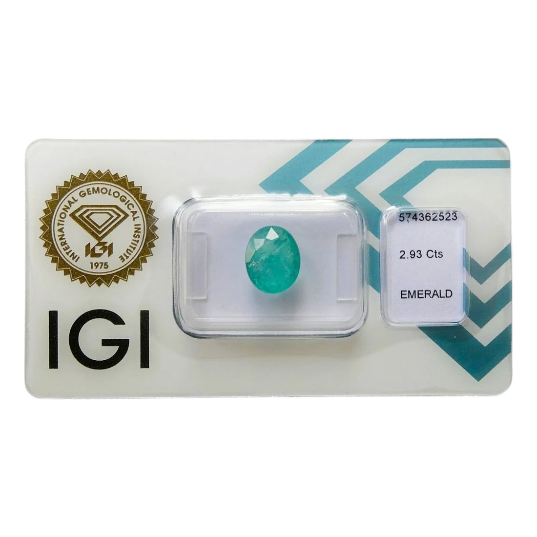 2.93 ct Natural Emerald, IGI Certified, Oval Cut, Zambia: This is a certified natural emerald weighing 2.93 carats, presented in a sealed IGI (International Gemological Institute) case, report number 574362523. The gemstone is classified as natural beryl, cu