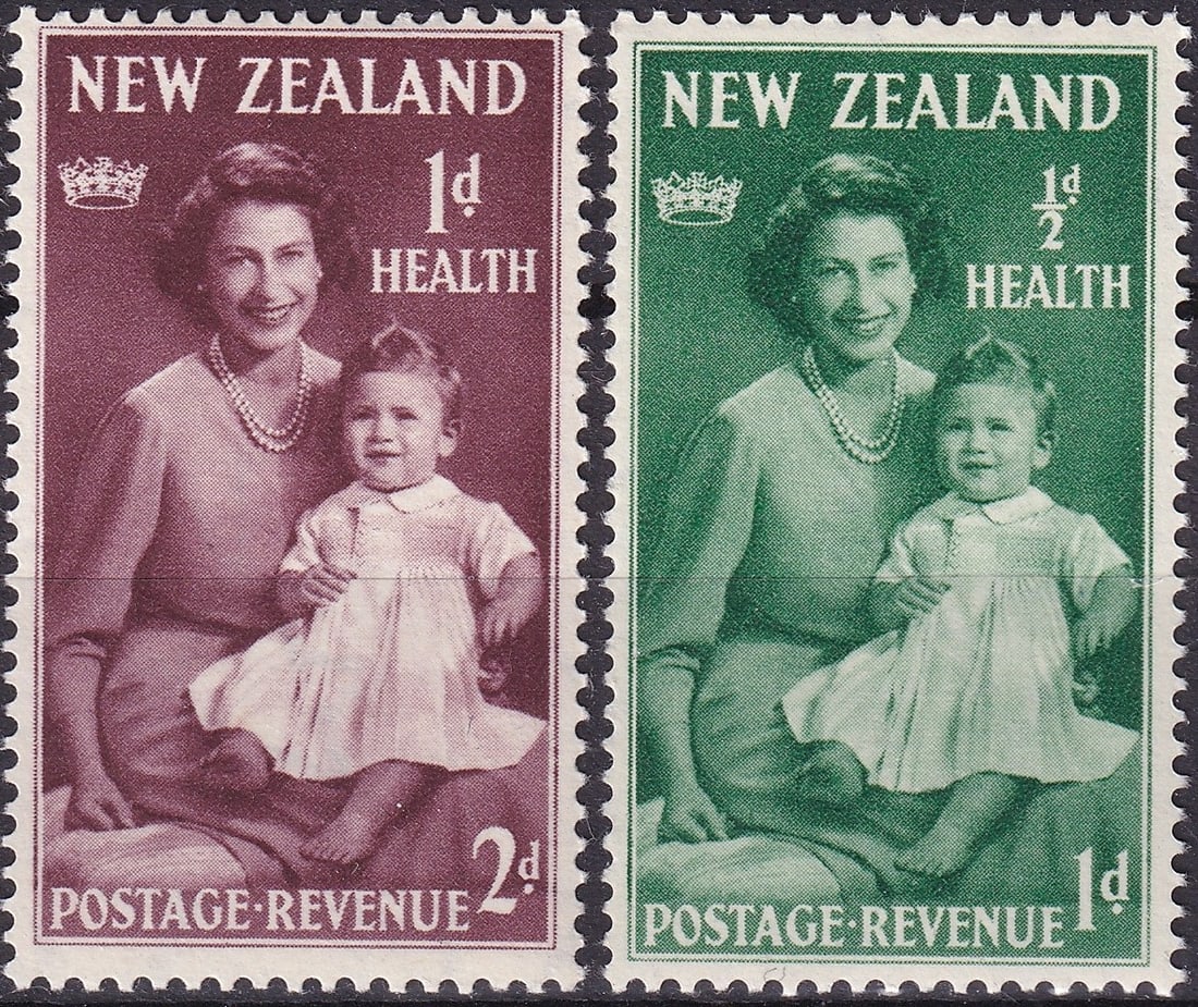 New Zealand 1950 Health Stamps, Queen Elizabeth II & Prince Charles, Scott B36-B37: The 1950 Health Stamp issue from New Zealand features a striking semi-postal design depicting Queen Elizabeth II with her young son, Prince Charles, marking one of the most celebrated philatelic portr