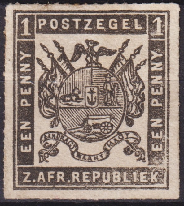 British 1872 Transvaal Coat of Arms, 1d Black, Scott ZA-TV 23: This rare issue from the South African Republic (Transvaal) belongs to the 1870–1872 Coat of Arms series, printed locally by J.P. Borrius. The design features the early republican arms with eagle, f