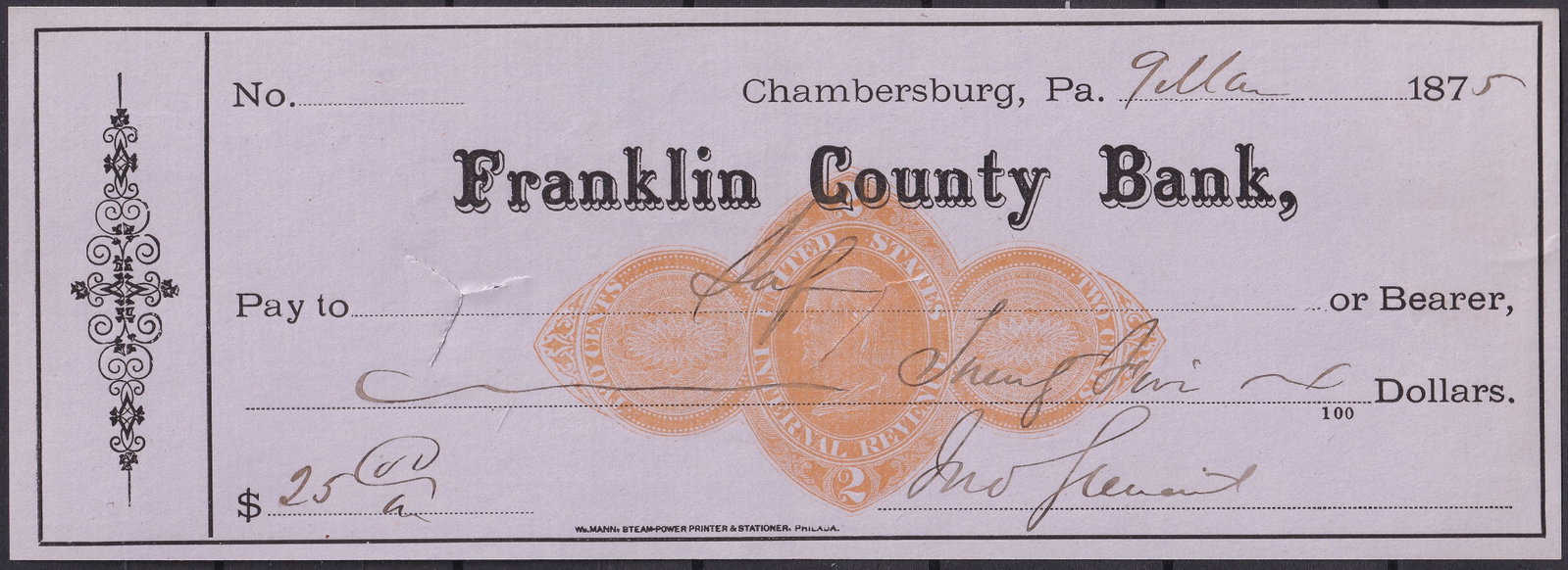 United States 1875 Franklin County Bank, Chambersburg Check RN-D1 Orange Revenue Imprint: A refined and attractive check issued by the Franklin County Bank of Chambersburg, Pennsylvania, dated 1875, featuring the distinguished orange dual-circle U.S. Internal Revenue imprint type RN-D1. Th