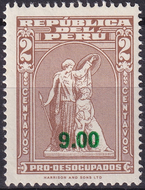 Peru 1979 Definitive Surcharges, Michel PE 1150, 9 Soles Surcharge: Issued on October 8, 1979, this definitive stamp of Peru represents the 1979 surcharged series produced by Harrison & Sons Ltd. The original design, printed in brown and denominated at 2 centavos, was