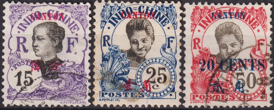 1919 French Canton Offices Indochinese Women Surcharged Set, Scott FR-CAN 70, 72, 76: This attractive group comprises three surcharged issues from the French Post Office in Canton, China, released in 1919 on the definitive series Indochinese Women designed by Jules-Jacques Puyplat and 