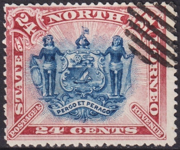 North Borneo 1894 Coat of Arms 24 Cents Blue and Carmine (SG 79, Mi 57): Issued in February 1894 by the British North Borneo Company, this engraved 24 Cents definitive stamp belongs to the celebrated pictorial series featuring the colony’s coat of arms and the company mo