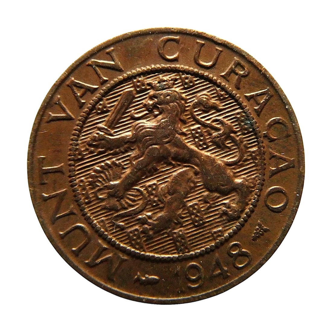 Dutch 1948 Curaçao 2½ Cents, Bronze, Colonial Issue: This 2½ Cents coin from Curaçao, dated 1948, was struck under Queen Wilhelmina’s reign as part of the colonial coinage for the Netherlands Antilles. Produced at the Royal Dutch Mint in Utrec