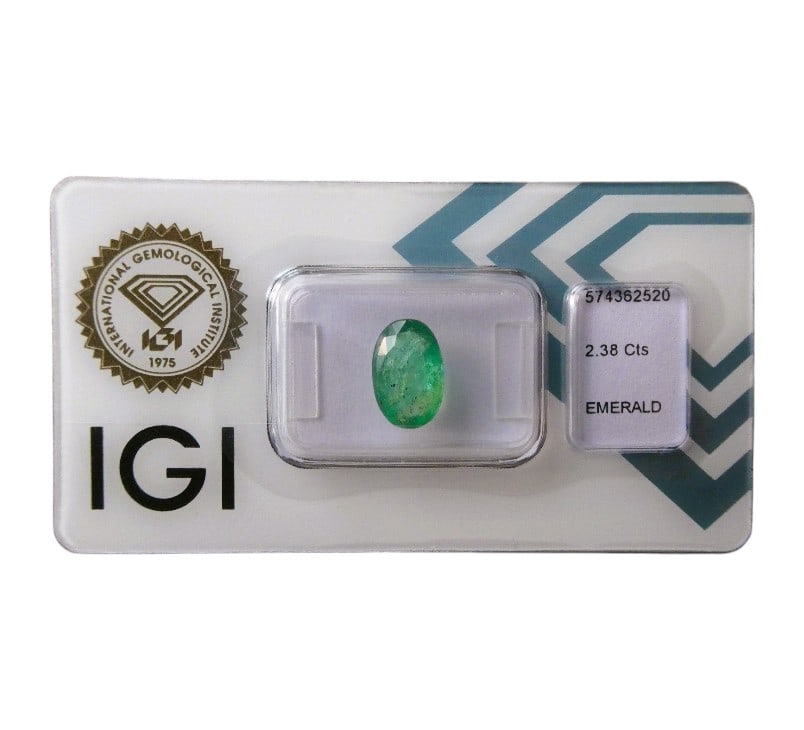 IGI Certified Natural Emerald, 2.38 ct, Afghanistan Origin: This gemstone is a certified natural emerald originating from the famous Panjshir region of Afghanistan, known for producing some of the world?s most vibrant and desirable emeralds. Weighing 2.38 cara