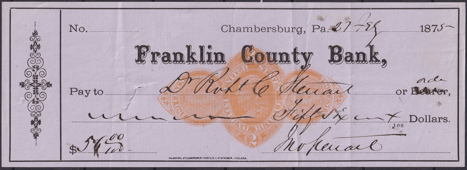 United States 1875 Franklin County Bank, Chambersburg Check RN-D1 Orange Revenue Imprint: An authentic and visually elegant 19th-century check issued by the Franklin County Bank of Chambersburg, Pennsylvania, dated July 27, 1875, and bearing the orange two-cent U.S. Internal Revenue imprin