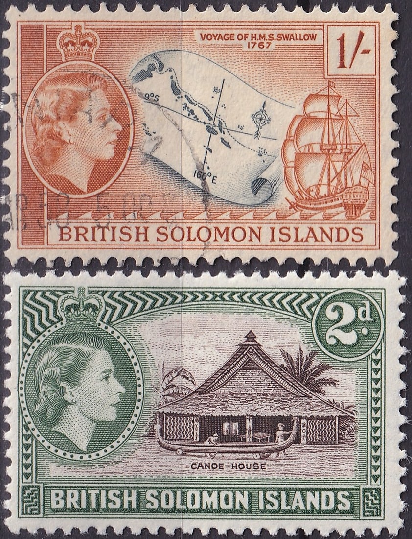 British Solomon Islands 1956–1961 Queen Elizabeth II Canoe House and HMS Swallow Voyage Set Scott: This pair of engraved definitive issues from the British Solomon Islands represents two of the most artistically accomplished designs of the early reign of Queen Elizabeth II combining historical comm