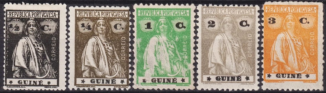 Portuguese Guinea 1919–1925 Ceres Issue Set (Scott 140, 158, 161, 165, 167): This attractive group of five classic stamps from Portuguese Guinea belongs to the renowned Ceres issue, a design series introduced across Portuguese colonies in the early 20th century. The set offere