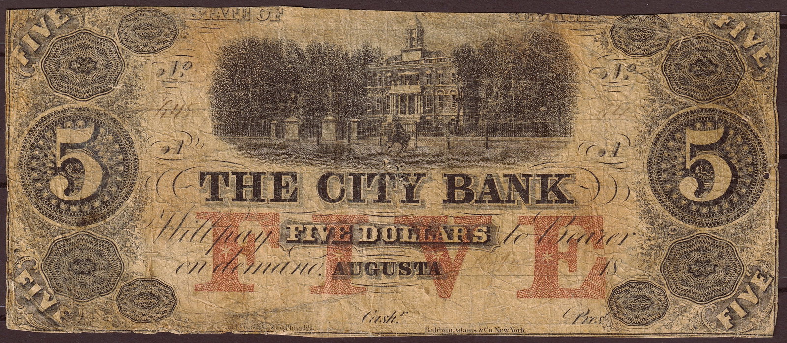1854 Georgia Augusta The City Bank 5 Dollar Obsolete Banknote: This scarce mid-19th century American obsolete banknote was issued by The City Bank of Augusta, Georgia, during the turbulent antebellum period when hundreds of state-chartered banks produced their ow