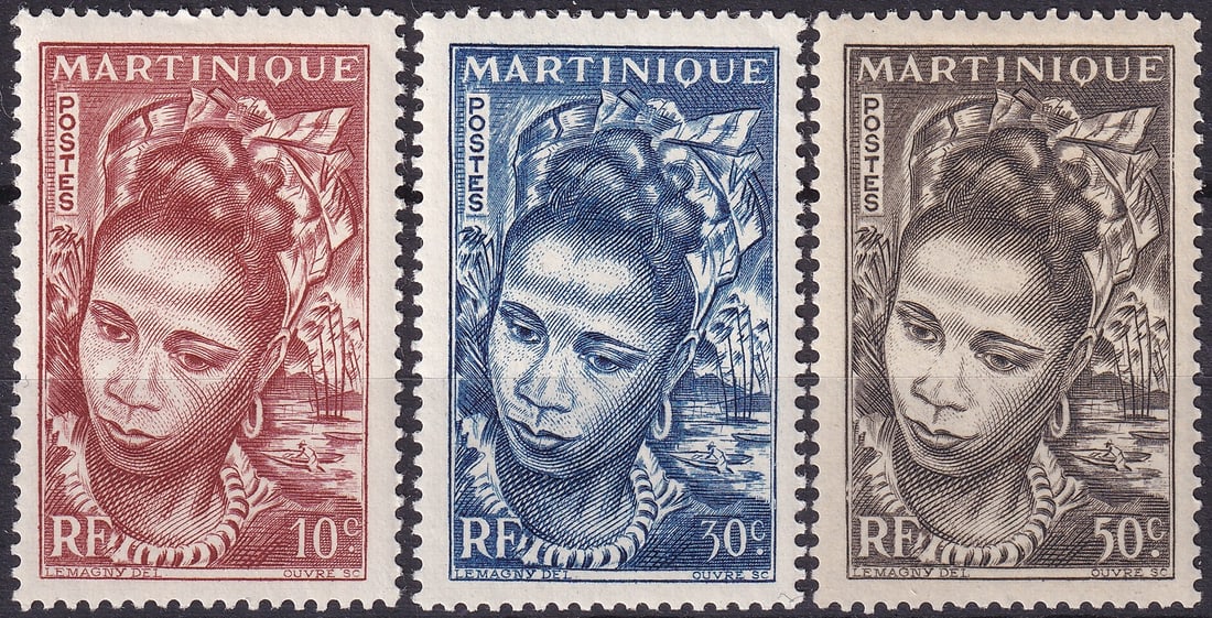 1947 Martinique Definitives Local Motifs Michel FR-MAR 239 240 241: This lot presents a complete trio from the 1947 Martinique Definitives Local Motifs issue, comprising the values Michel FR-MAR 239 240 and 241, depicting a stylized portrait of a Martinican woman wear