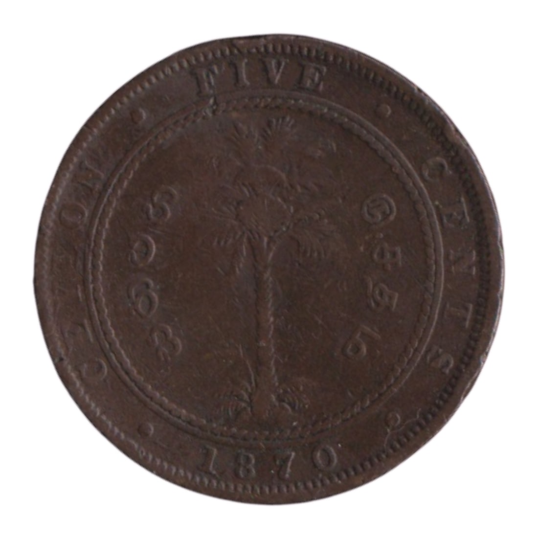 1870 British colonial Ceylon 5 Cents Copper Coin, Queen Victoria, Colonial Issue: This scarce 5 Cents coin from Ceylon, dated 1870, represents the early colonial coinage struck under Queen Victoria during the British administration of the island. Minted at the Royal Mint in London,