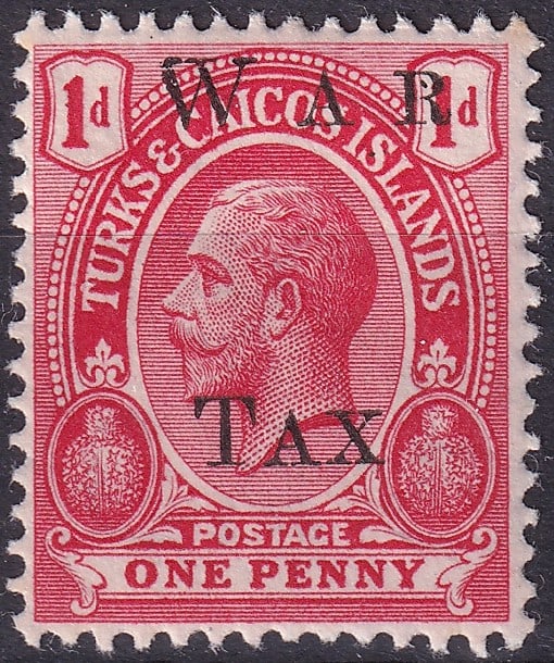 1919 Turks and Caicos Islands King George V War Tax 1d Michel TC 76: This War Tax issue from the Turks and Caicos Islands was released on 17 December 1919 as part of the British Empire’s post–First World War fiscal measures and represents a key colonial response to