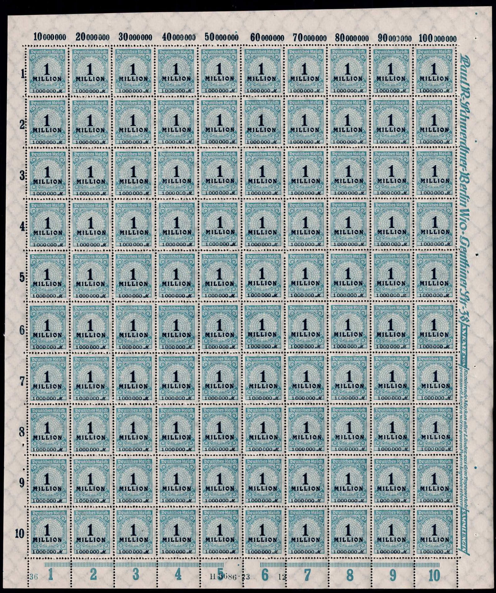 1923 Germany Post War Deutsches Reich 1 Million Mark Michel DR 314APPEI Sheet: This lot presents a complete original sheet of 100 stamps from the German Reich Inflation Series, issued on October 8, 1923, during the peak of the Weimar Republic hyperinflation period. The stamp is 
