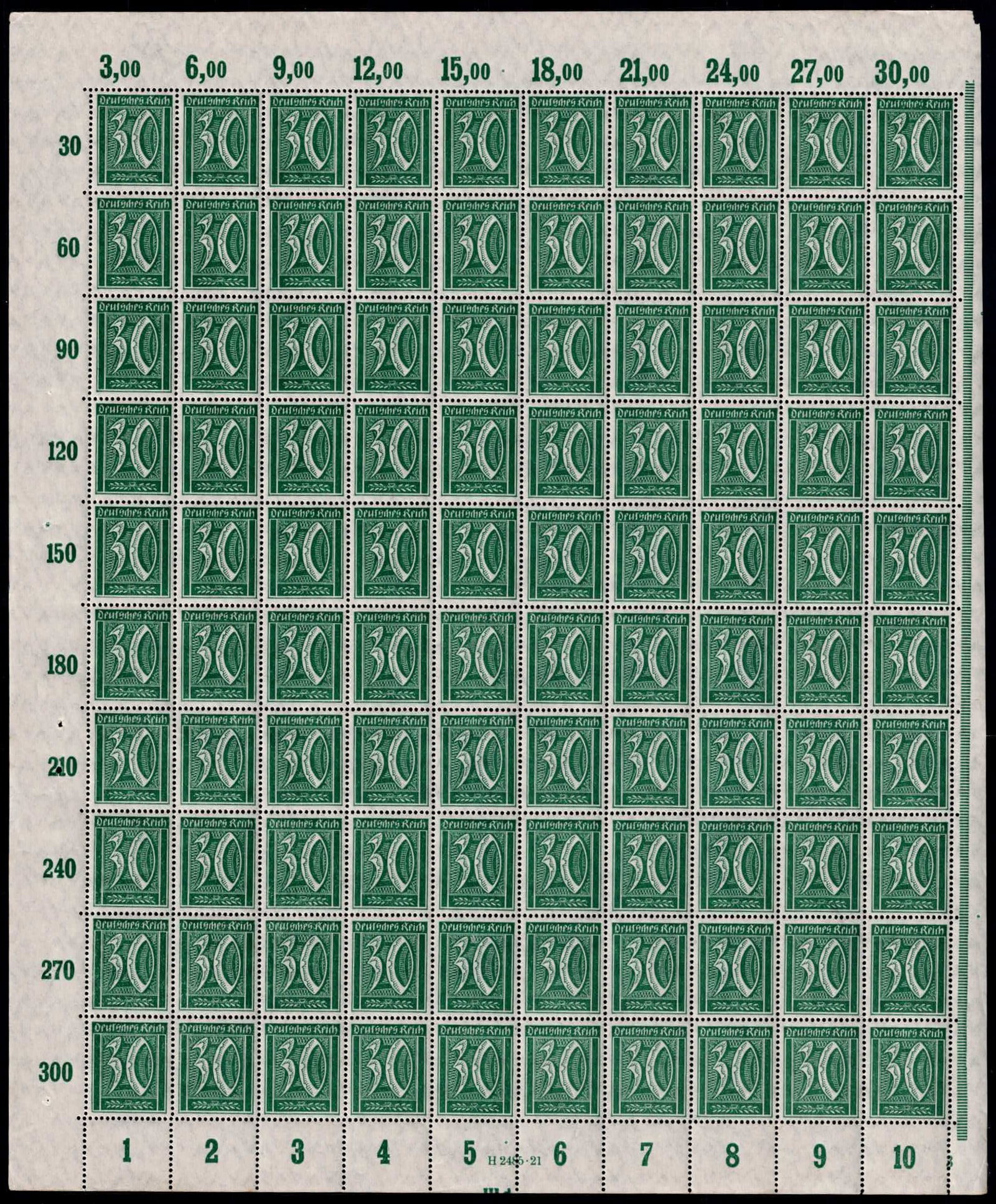 Full sheet 1922 German Reich Numeral Definitive 30 Pfennig Scott 182: This complete mint never hinged full sheet was issued in Germany in May 1922 during the Weimar Republic period as part of the Definitives Numerals Workers and Posthorn series, a central definitive gro