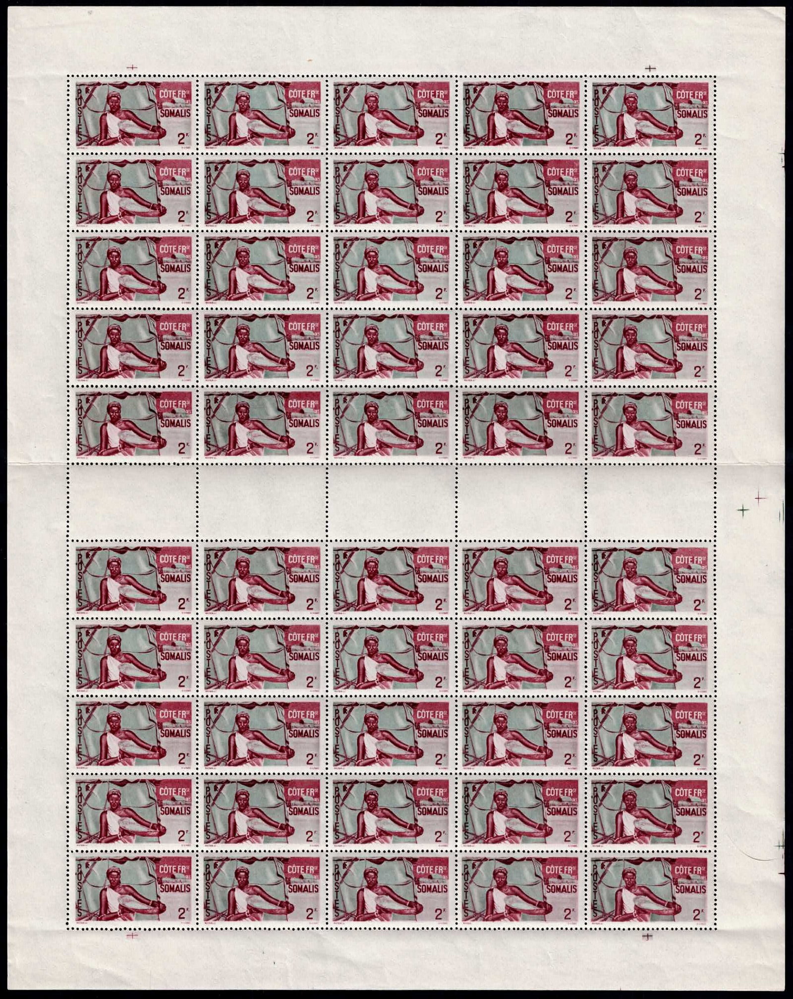French Somaliland 1947 Scott FR-SO257 2Fr CFA MNH Sheet: A complete mint never hinged sheet of the 1947 definitive issue of French Somaliland, Scott FR-SO257, corresponding to Michel FR-SO 294, Yvert et Tellier FR-SO 273 and Stanley Gibbons FR-SO 402. Issue