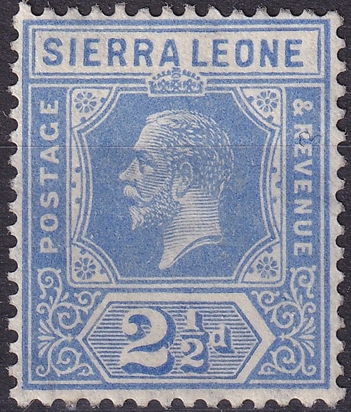 1917 Sierra Leone King George V 2.5 d Scott 107: This lot presents a 2.5 pence definitive stamp issued in 1917 for Sierra Leone during the reign of King George V and cataloged as Scott 107. The stamp forms part of the long running King George V defi
