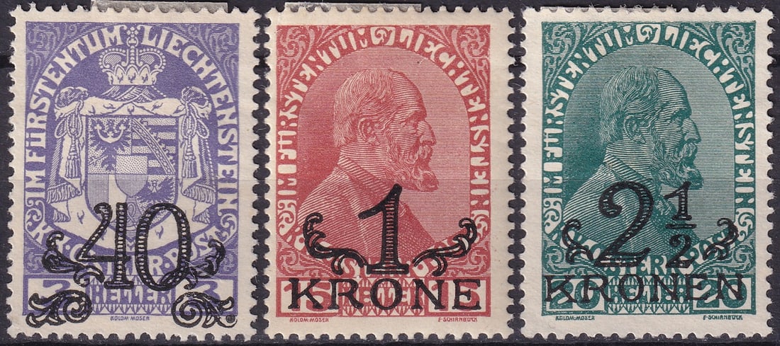 Post war 1920 Liechtenstein Overprint Set Scott 14 15 16 Mint MH MNH: This offering presents an uncommon mint trio from Liechtenstein issued in March 1920 consisting of the overprinted provisional definitives Scott 14 15 and 16 produced during the immediate postwar tran
