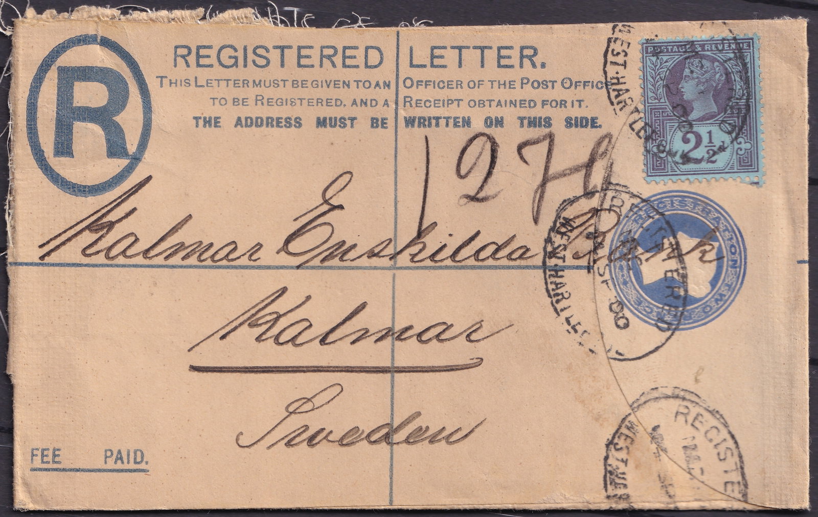 1900 Great Britain Victorian registered cover Scott 114 Sweden: This attractive postal history item is an original registered letter from Great Britain sent during the reign of Queen Victoria in 1900 and forwarded to Kalmar Sweden showing both the postal regulatio