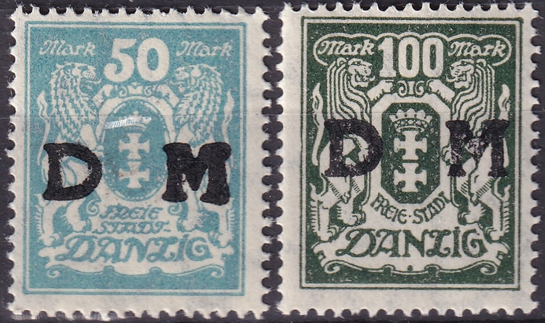 1923 Free City of Danzig Official DM Overprints Michel D36 D37: This lot comprises a complete official stamp pair issued by the Free City of Danzig during the hyperinflation period of 1923, featuring the distinctive D M overprints on earlier heraldic definitive de