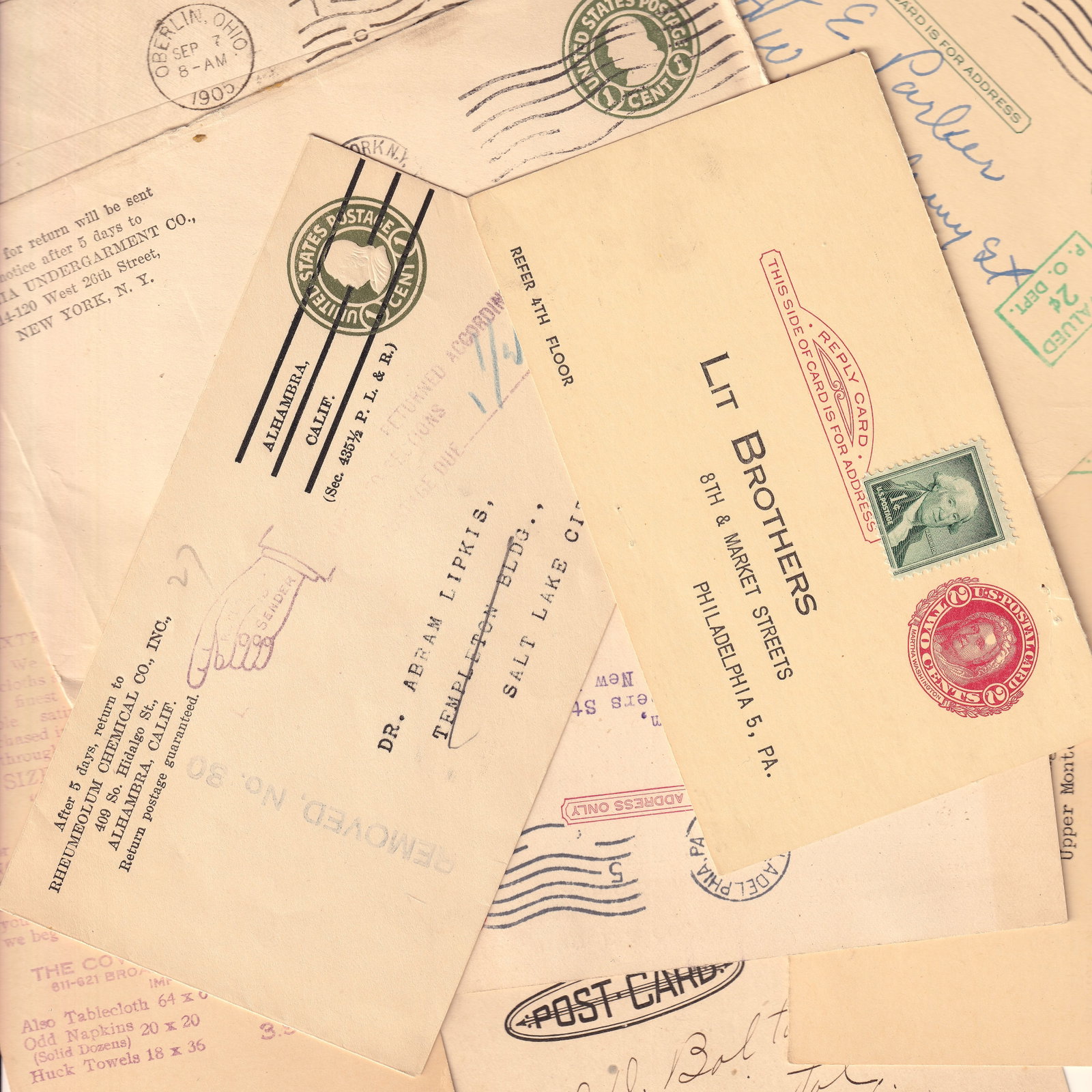 1900s United States Europe Postal History Covers Wrappers Postcards 30 Items: This collection comprises thirty postal history items from the twentieth century including envelopes wrappers and postcards with primary origin in the United States and a range of domestic and interna