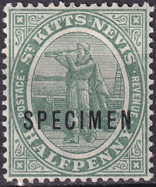 1916 St. Kitts Nevis Scott MR1a Specimen ½d War Tax MNH: Exceptional mint never hinged SPECIMEN example of the famous St. Kitts–Nevis War Tax issue, Scott MR1a (Michel 22b), issued on 16 October 1916 during the First World War. This stamp represents the o