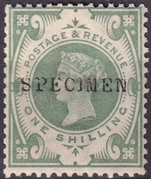 1887 Great Britain Scott 1547 SG 211s 1s Specimen Queen Victoria: Exceptional official SPECIMEN issue from Great Britain’s celebrated Queen Victoria Jubilee series, corresponding to Stanley Gibbons 211s and Michel GB 97SpI, issued in 1887. This handsome 1 Shilling